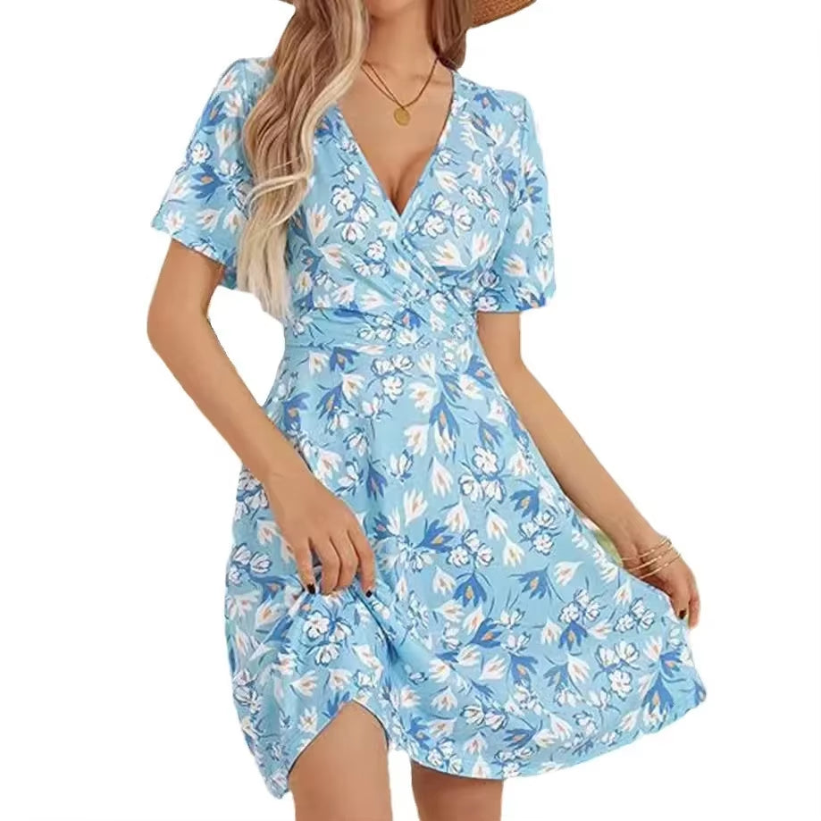 Robe Mi-Longue Pour Femmes, Style Transfrontalier Européen Et Américain, Fleur D'Été, Manches Courtes, Col En V, Robe Portefeuille Trapèze, Nouvelle Collection 2024
