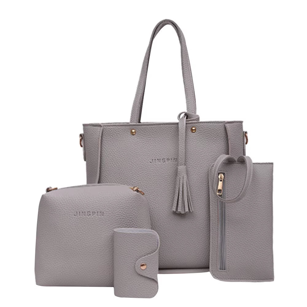 New 2024 New Large Capacity Lychee Pattern Handbags Women'S European and American Retro Fashion Tassel Four-Piece Women'S Bag