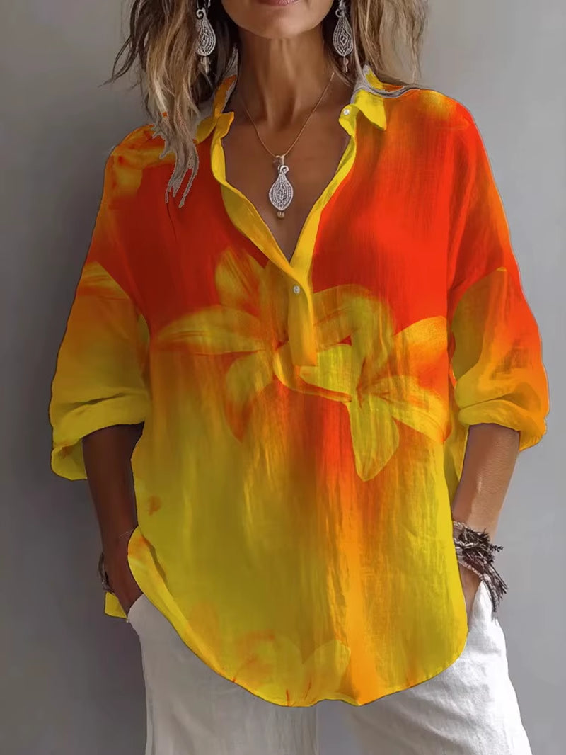 Printemps Automne Imprimé Haut Décontracté Chemise Nouveau Pour Les Femmes Mode À Manches Longues Col En V Bouton Élégant Hauts Amples Chemises Femmes Vêtements