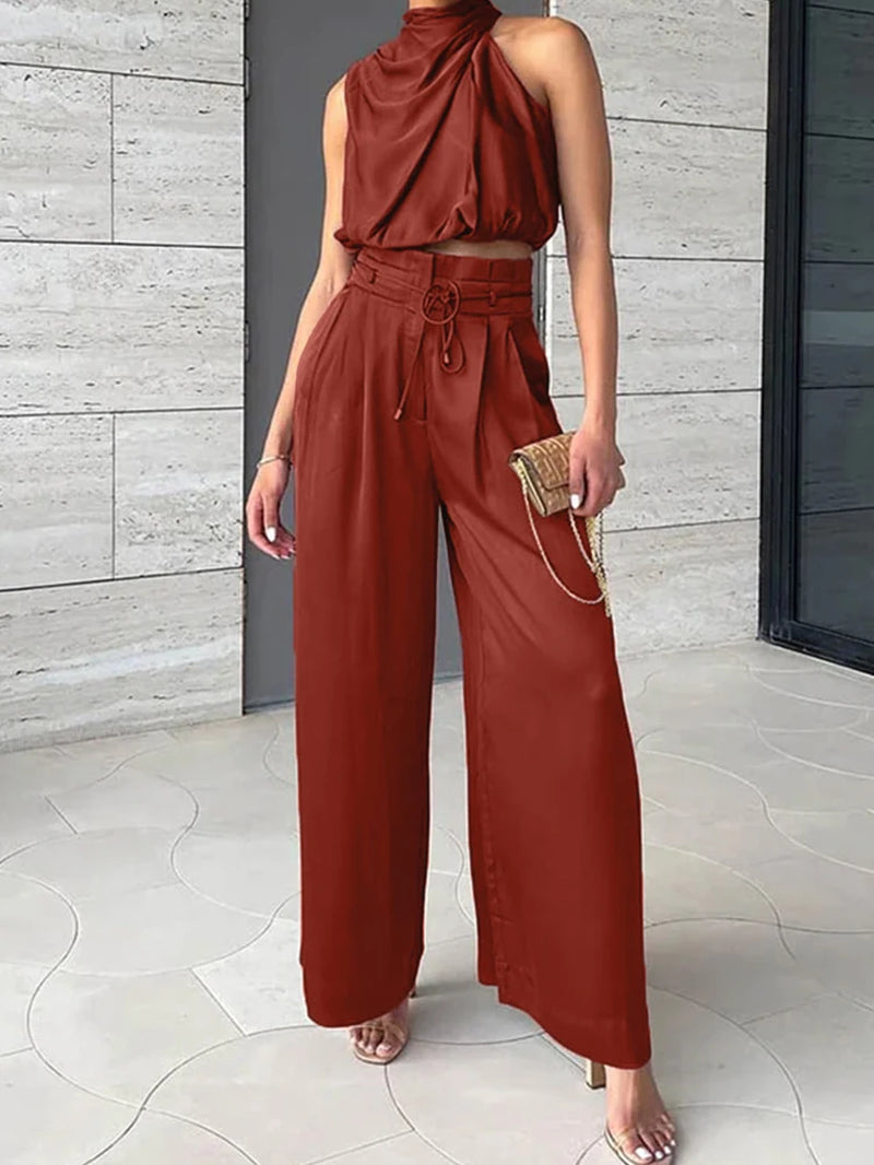 Beige Two Piece Pants Sets Home Wear Women Outfit Silk Pleated Texture Sleeveless Top Wide Leg Pants Set Summer Matching Sets
