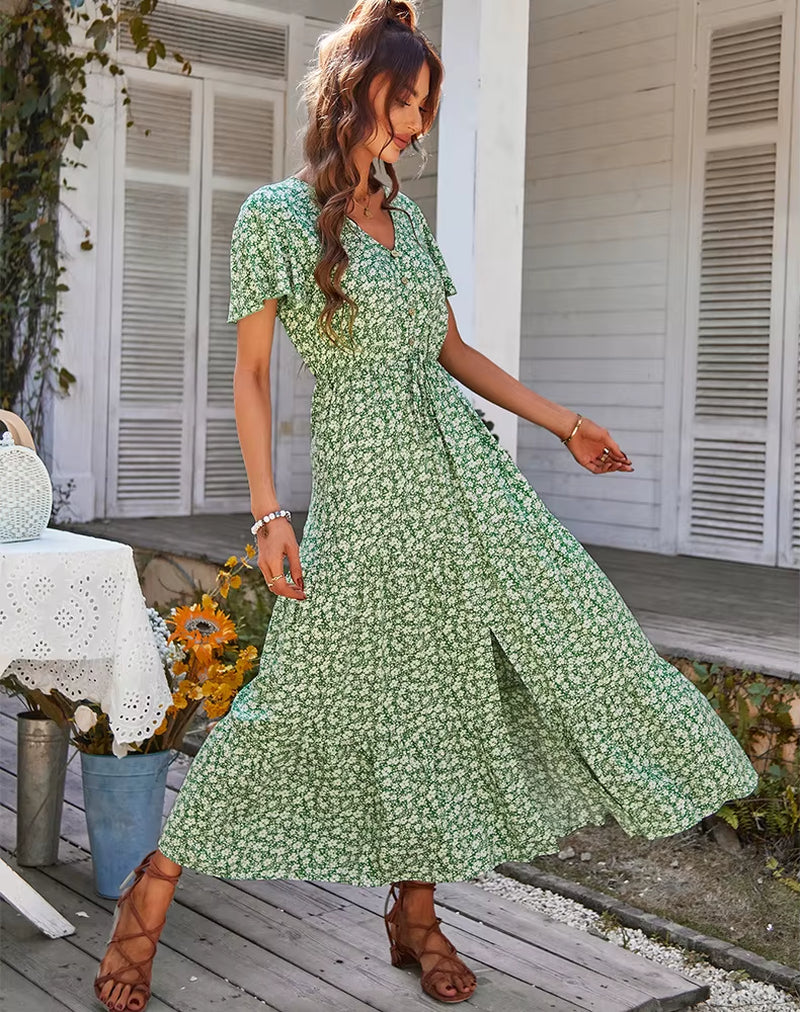 Dames Vintage Longue Imprimé Fleuri Robe D'Été Femmes Ample Décontracté Bouton Bohème Robe De Plage Femmes Robe D'Été Robe Robes Femme