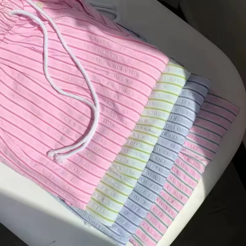 Doux Rose Taille Haute Pantalon À Jambes Larges Femmes 2025 Nouveau Coréen Décontracté Rayé Cordon Ample Pantalon Droit Femme