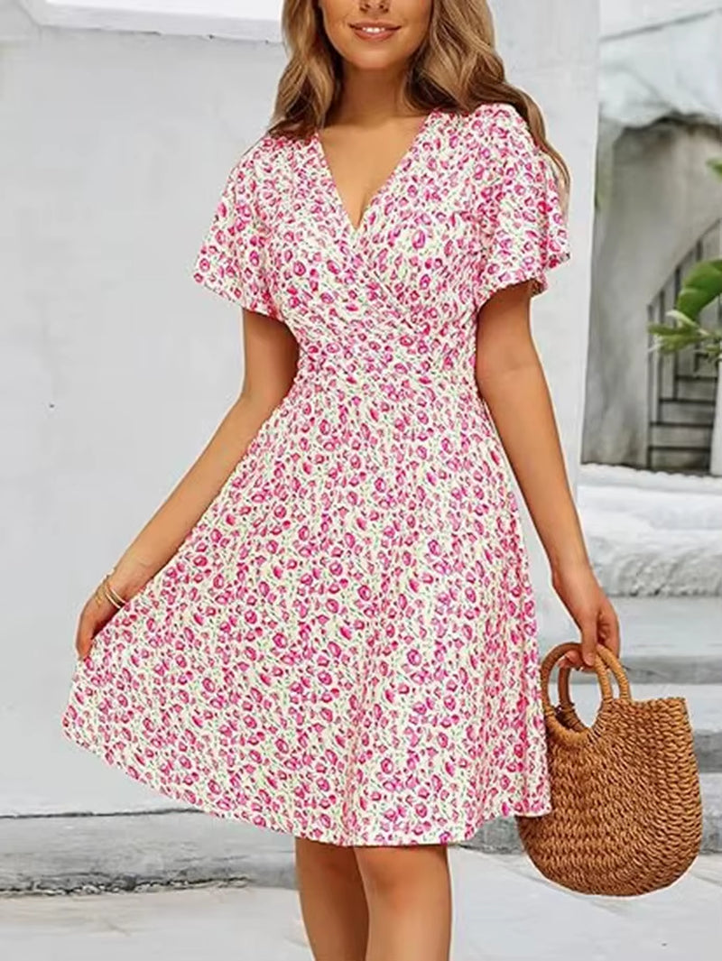 Robe Mi-Longue Pour Femmes, Style Transfrontalier Européen Et Américain, Fleur D'Été, Manches Courtes, Col En V, Robe Portefeuille Trapèze, Nouvelle Collection 2024