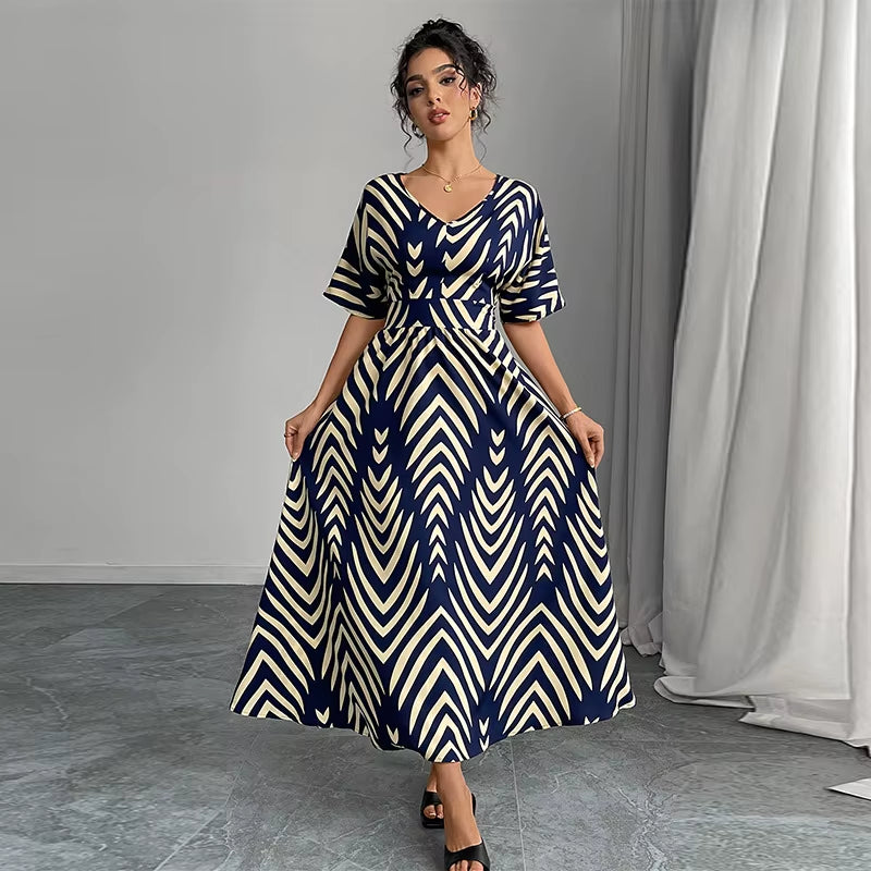 Robes Pour Femmes Mode Imprimé Col En V Manches Courtes Taille Large Robe Été Nouvelle Rayure Ceinture Confortable Élégant Robes De Soirée