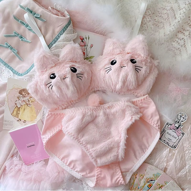 Japanese Girls Winter Soft Ropa Interior Cute Lingerie for Women Cartoon Bear Students Plush Sexy Bras Wireless Thin Bra Set