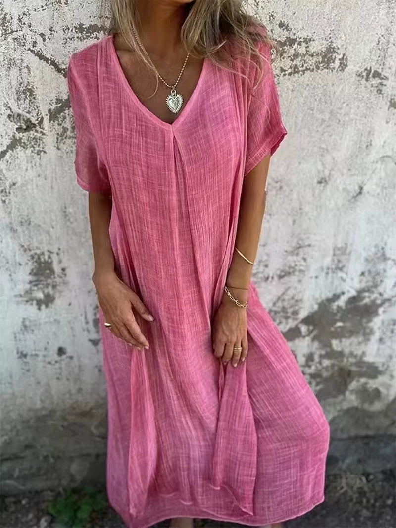 Women'S Short-Sleeved Cotton and Linen Dress V-Neck Loose Large Size Casual Vacation Street Thin Long Skirt