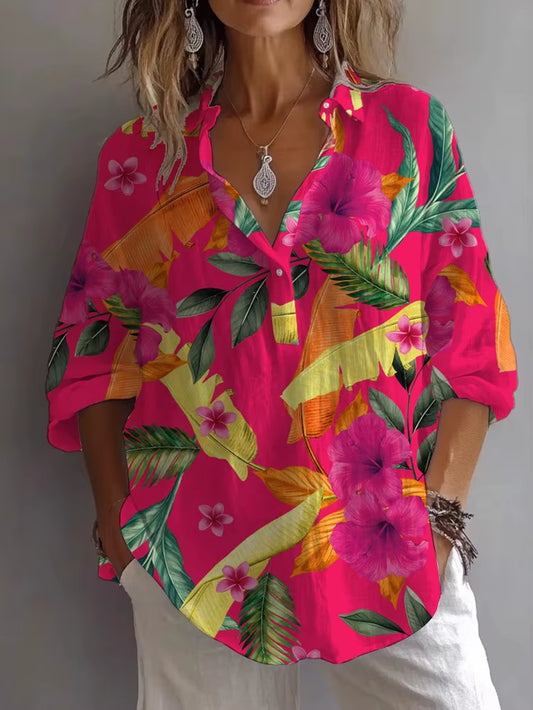 Printemps Automne Imprimé Haut Décontracté Chemise Nouveau Pour Les Femmes Mode À Manches Longues Col En V Bouton Élégant Hauts Amples Chemises Femmes Vêtements