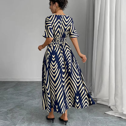 Robes Pour Femmes Mode Imprimé Col En V Manches Courtes Taille Large Robe Été Nouvelle Rayure Ceinture Confortable Élégant Robes De Soirée