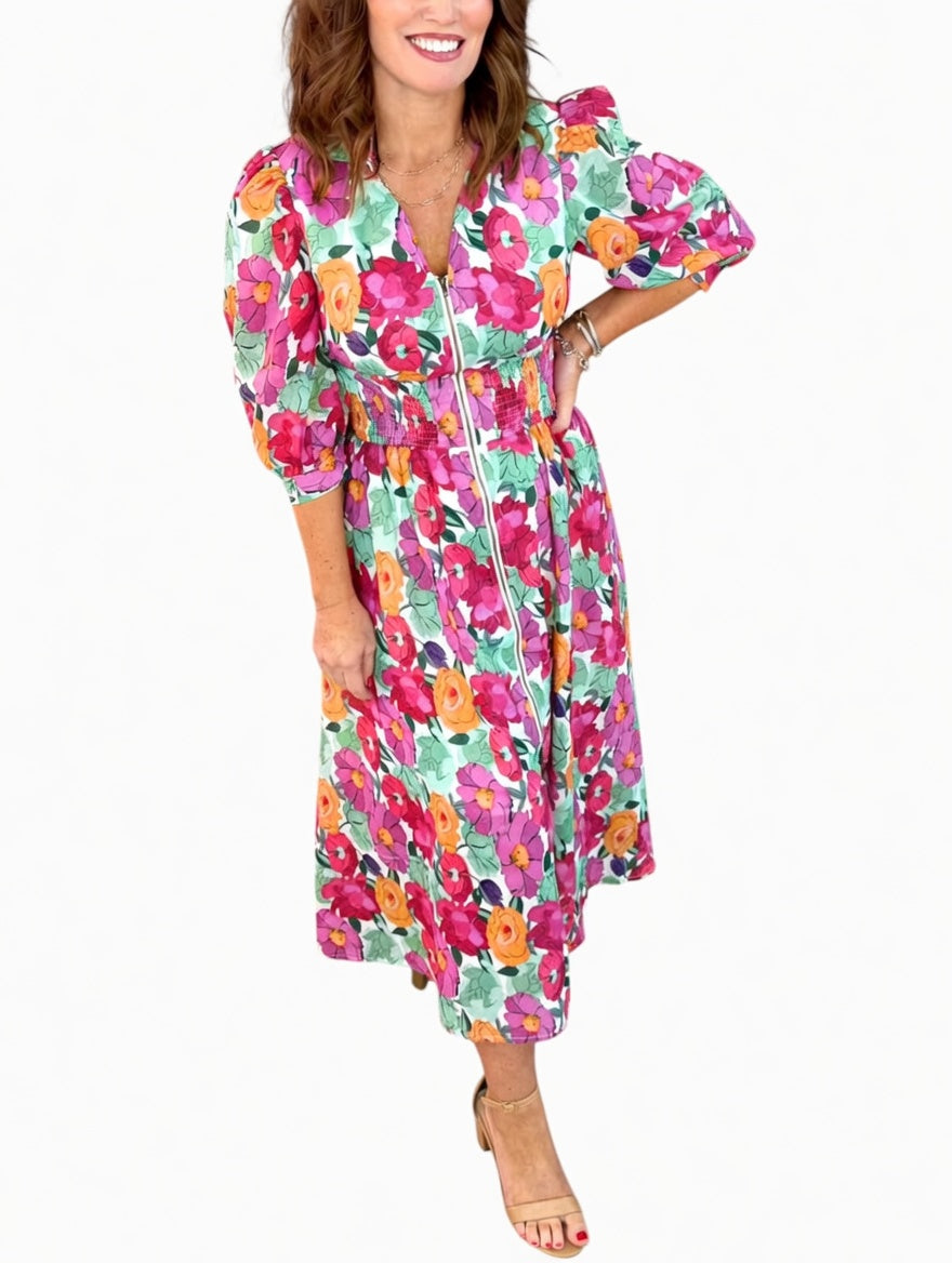 Manon - Floral Midi Dress with Puff Sleeves