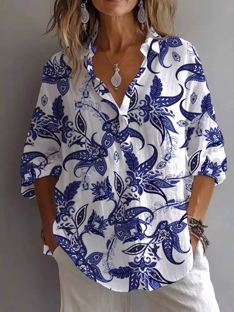 Printemps Automne Imprimé Haut Décontracté Chemise Nouveau Pour Les Femmes Mode À Manches Longues Col En V Bouton Élégant Hauts Amples Chemises Femmes Vêtements