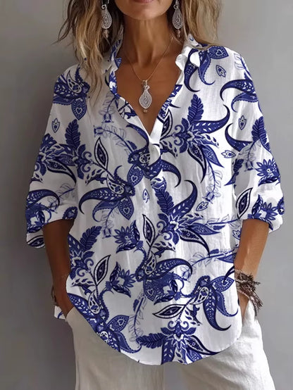 Printemps Automne Imprimé Haut Décontracté Chemise Nouveau Pour Les Femmes Mode À Manches Longues Col En V Bouton Élégant Hauts Amples Chemises Femmes Vêtements