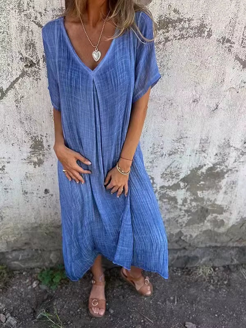 Women'S Short-Sleeved Cotton and Linen Dress V-Neck Loose Large Size Casual Vacation Street Thin Long Skirt