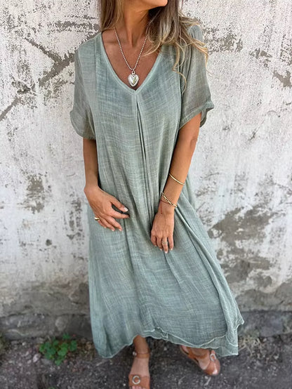 Women'S Short-Sleeved Cotton and Linen Dress V-Neck Loose Large Size Casual Vacation Street Thin Long Skirt