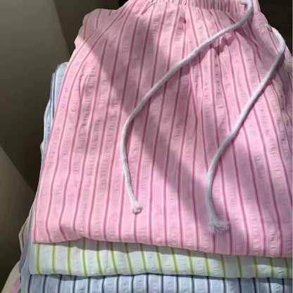 Doux Rose Taille Haute Pantalon À Jambes Larges Femmes 2025 Nouveau Coréen Décontracté Rayé Cordon Ample Pantalon Droit Femme
