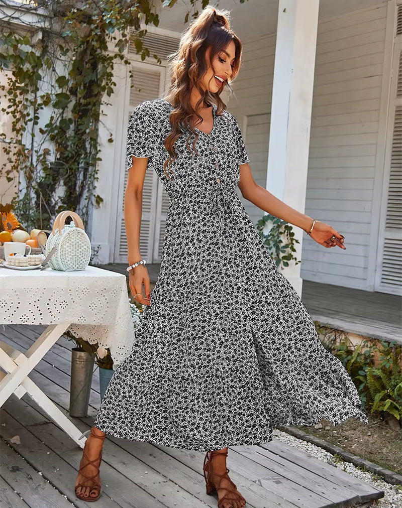 Dames Vintage Longue Imprimé Fleuri Robe D'Été Femmes Ample Décontracté Bouton Bohème Robe De Plage Femmes Robe D'Été Robe Robes Femme