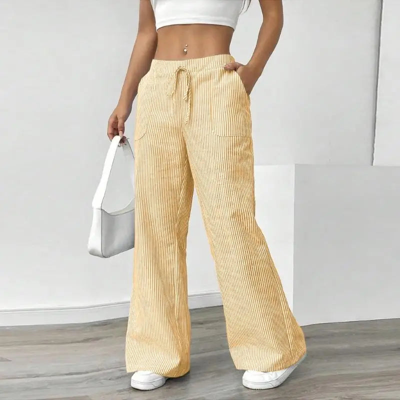 Women'S Wide-Leg Striped Drawstring Low-Rise Casual Loose Trousers with Pockets F3MD