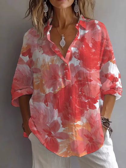 Printemps Automne Imprimé Haut Décontracté Chemise Nouveau Pour Les Femmes Mode À Manches Longues Col En V Bouton Élégant Hauts Amples Chemises Femmes Vêtements