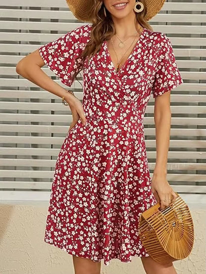 Robe Mi-Longue Pour Femmes, Style Transfrontalier Européen Et Américain, Fleur D'Été, Manches Courtes, Col En V, Robe Portefeuille Trapèze, Nouvelle Collection 2024