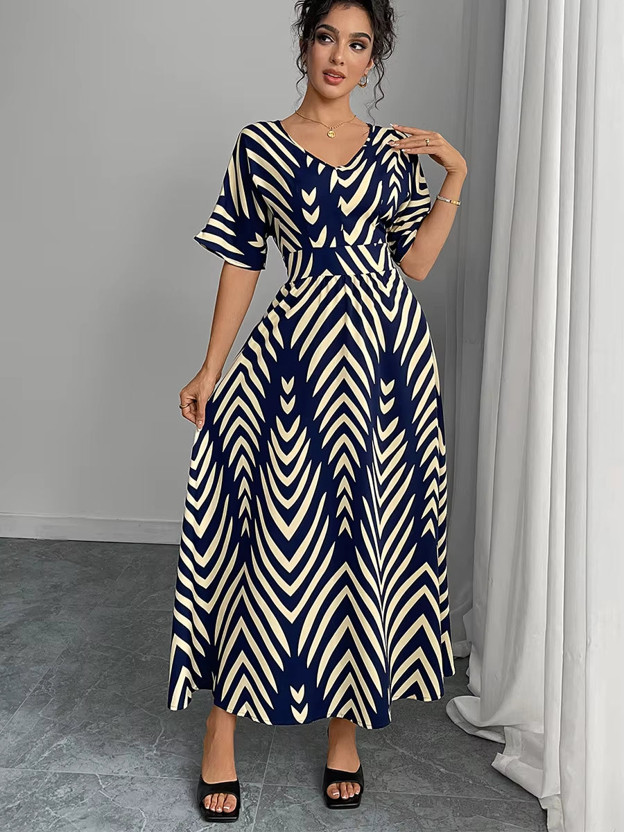 Robes Pour Femmes Mode Imprimé Col En V Manches Courtes Taille Large Robe Été Nouvelle Rayure Ceinture Confortable Élégant Robes De Soirée
