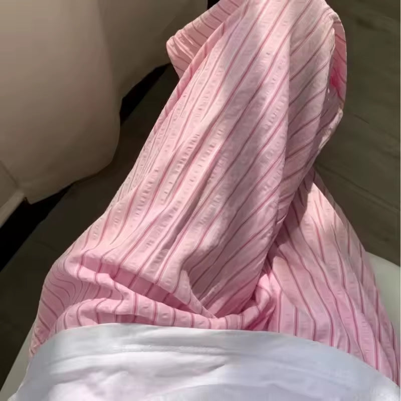 Doux Rose Taille Haute Pantalon À Jambes Larges Femmes 2025 Nouveau Coréen Décontracté Rayé Cordon Ample Pantalon Droit Femme