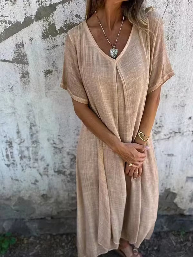 Women'S Short-Sleeved Cotton and Linen Dress V-Neck Loose Large Size Casual Vacation Street Thin Long Skirt